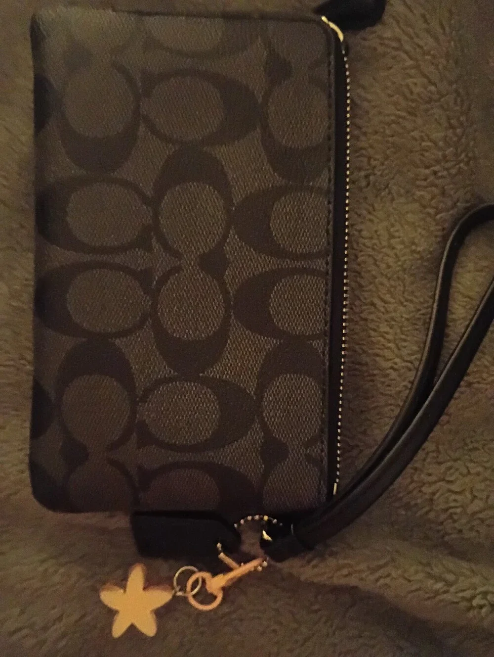 Coach Black & Charcoal Signature Zip Wristlet with Flower Charm